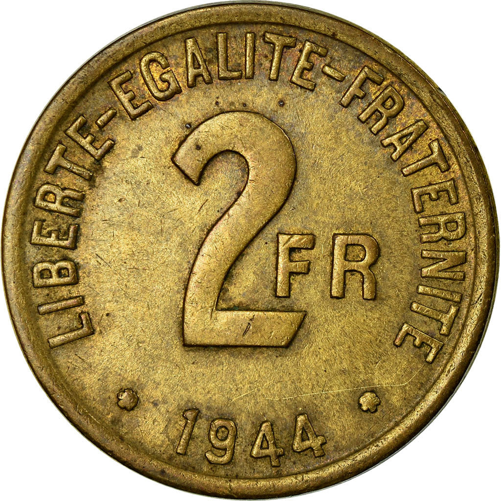 Moeda, França, France Libre, 2 Francs, 1944, Philadelphia, VF(30-35), Latão