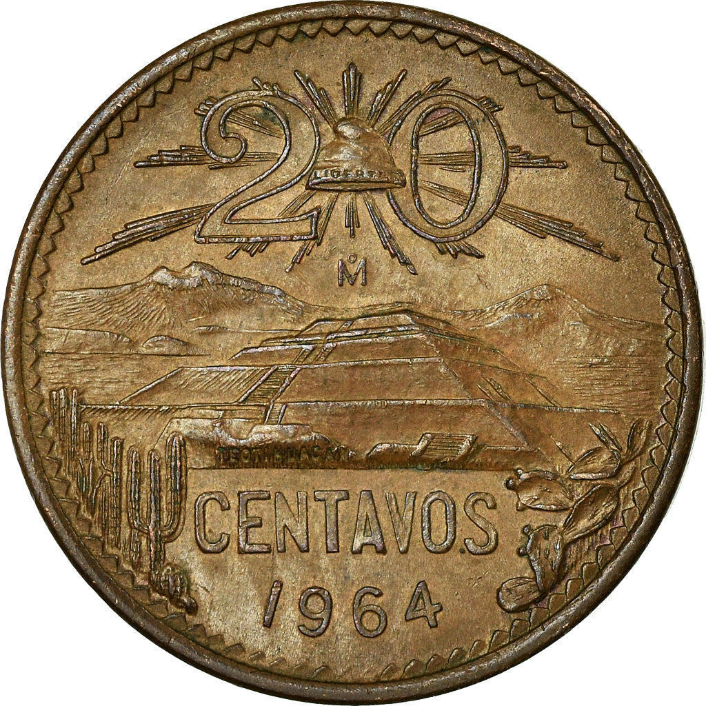 Moneda, México, 20 Centavos, 1964, Mexico City, MBC, Bronce, KM:440