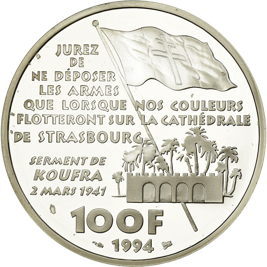 Munten, Frankrijk, Général Leclerc, 100 Francs, 1994, BE, FDC, Zilver