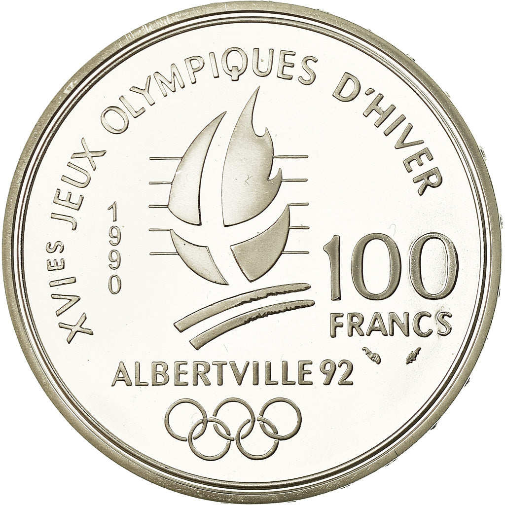 Münze, Frankreich, Free-style skier, 100 Francs, 1990, BE, STGL, Silber