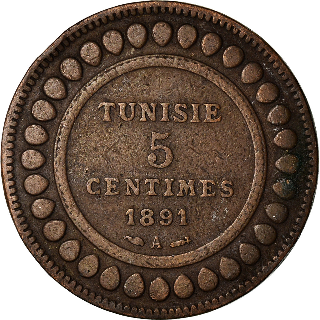 Moeda, Tunísia, Ali Bey, 5 Centimes, 1891, Paris, VF(30-35), Bronze, KM:221