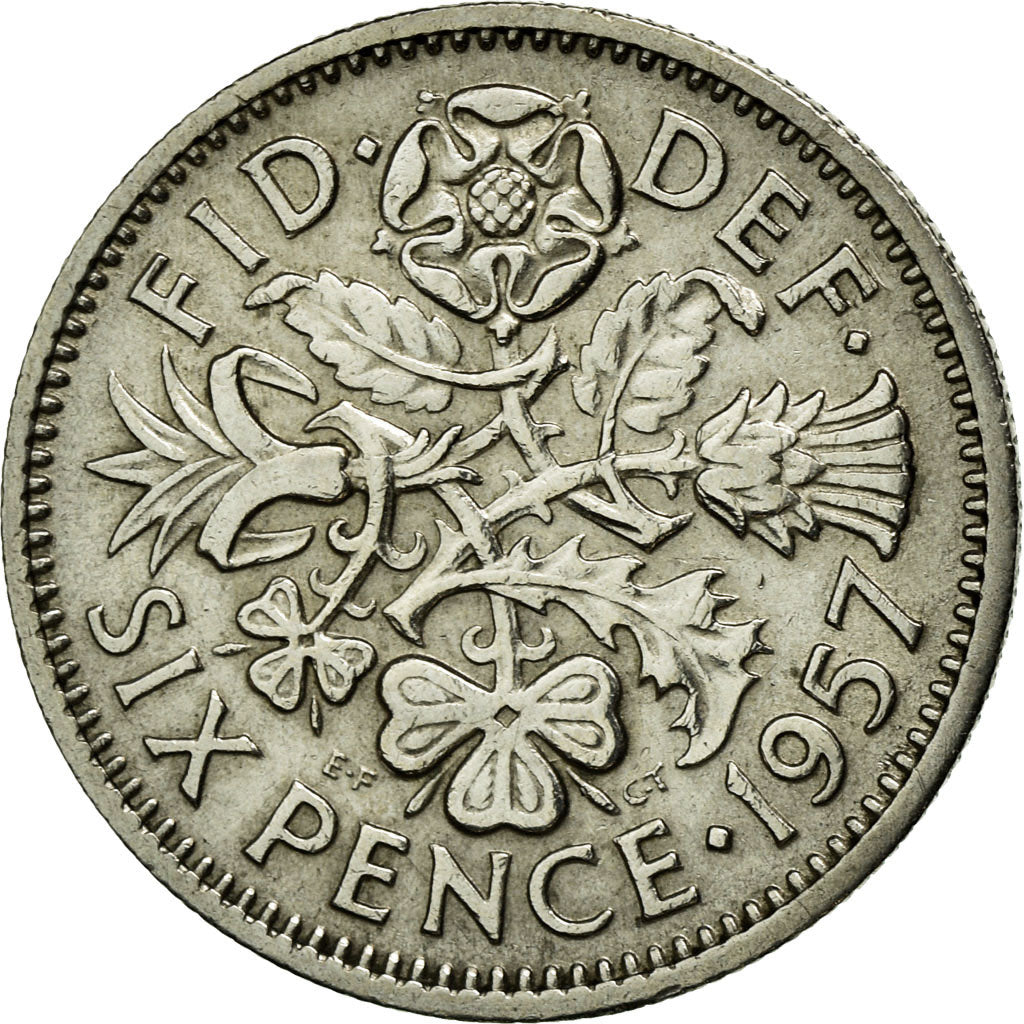 Moneda, Gran Bretaña, Elizabeth II, 6 Pence, 1957, MBC, Cobre - níquel, KM:903