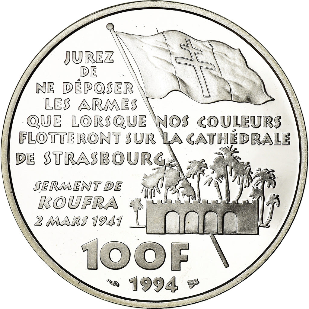 Munten, Frankrijk, Général Leclerc, 100 Francs, 1994, BE, FDC, Zilver