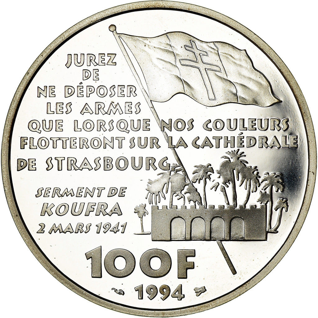 Munten, Frankrijk, Général Leclerc, 100 Francs, 1994, BE, FDC, Zilver