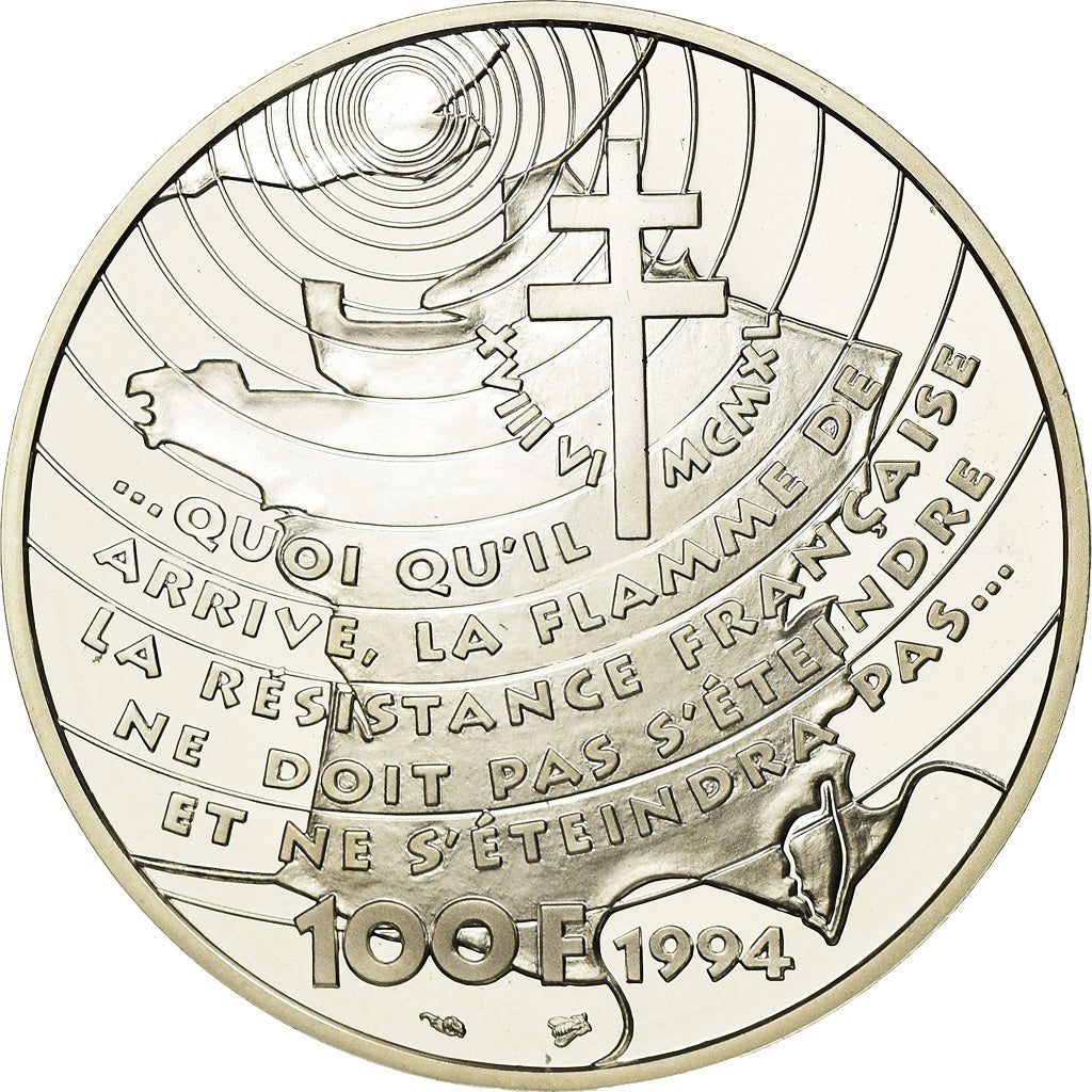 Munten, Frankrijk, Appel du 18 juin 1940, 100 Francs, 1994, BE, FDC, Zilver