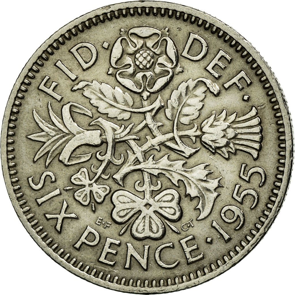 Moneda, Gran Bretaña, Elizabeth II, 6 Pence, 1955, MBC, Cobre - níquel, KM:903