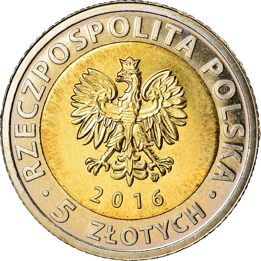 Moneda, Polonia, 5 Zlotych, 2016, Warsaw, Lodz, SC, Bimetálico