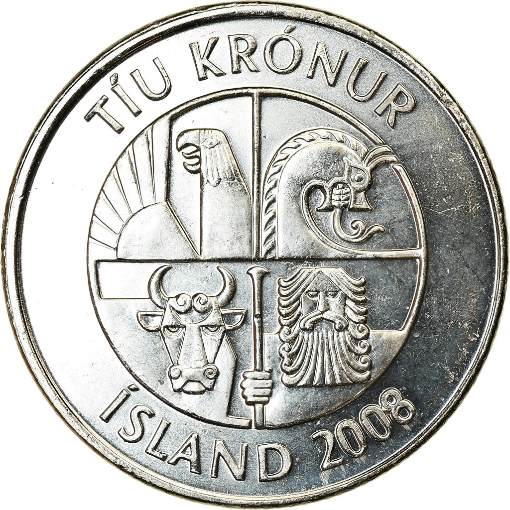 Coin, Iceland, 10 Kronur, 2008, MS(63), Nickel plated steel, KM:29.1a