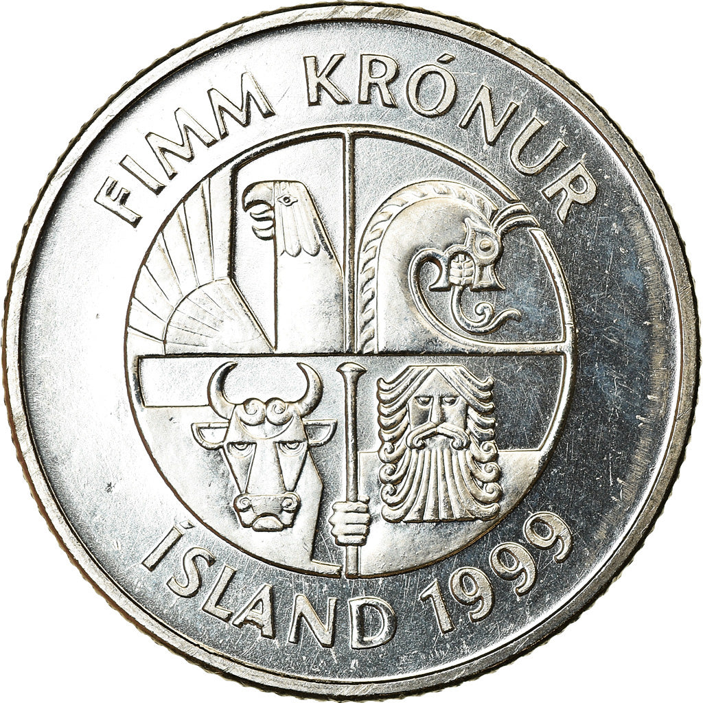 Coin, Iceland, 5 Kronur, 1999, MS(63), Nickel plated steel, KM:28a