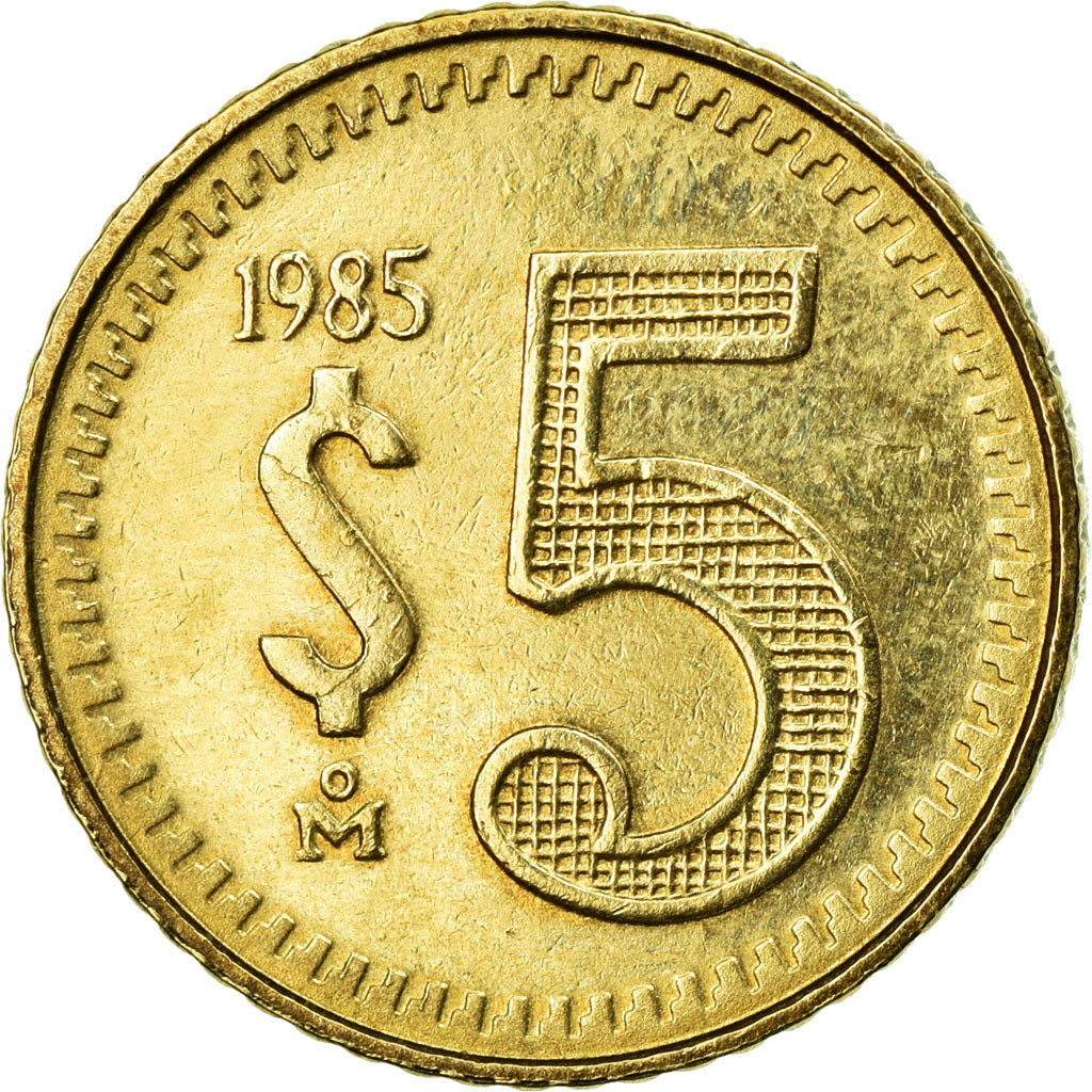 Coin, Mexico, 5 Pesos, 1985, Mexico City, AU(50-53), Brass, KM:502