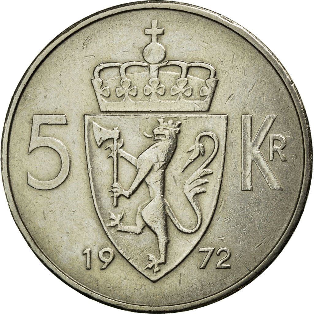 Coin, Norway, Olav V, 5 Kroner, 1972, EF(40-45), Copper-nickel, KM:412
