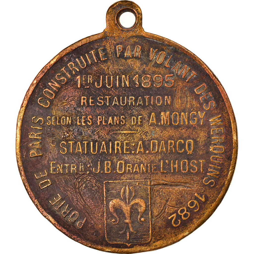 Francia, medalla, Restauration de la porte de Paris, à Lille, 1895, BC+, Latón