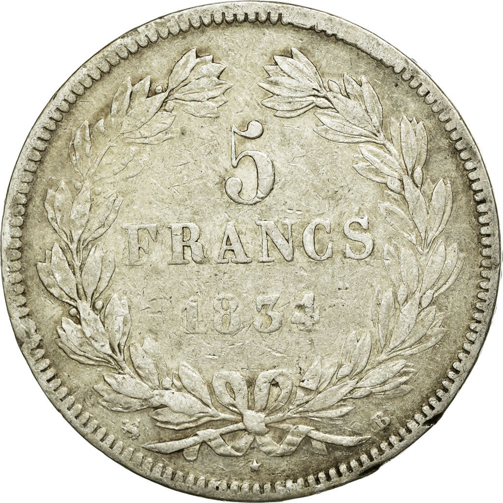 Coin, France, Louis-Philippe, 5 Francs, 1834, Rouen, VF(20-25), Silver