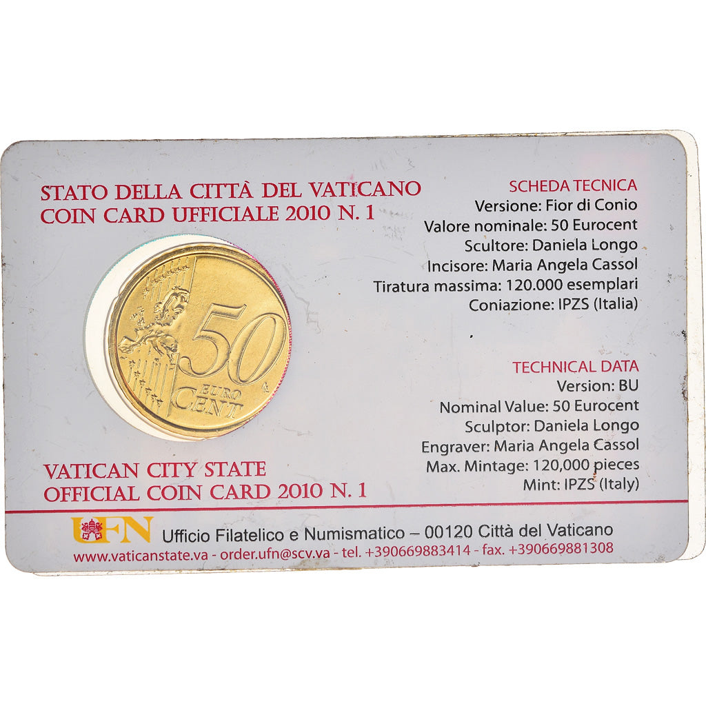 CIDADE DO VATICANO, 50 Euro Cent, 2010, Coin card, MS(65-70), Latão
