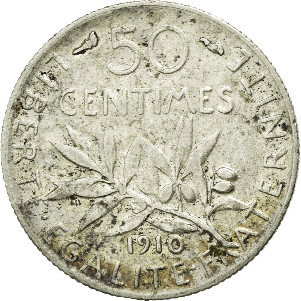 Moneta, Francia, Semeuse, 50 Centimes, 1910, Paris, MB+, Argento, KM:854