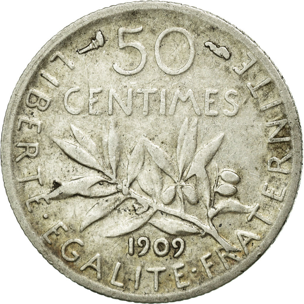 Moneta, Francia, Semeuse, 50 Centimes, 1909, Paris, MB+, Argento, KM:854