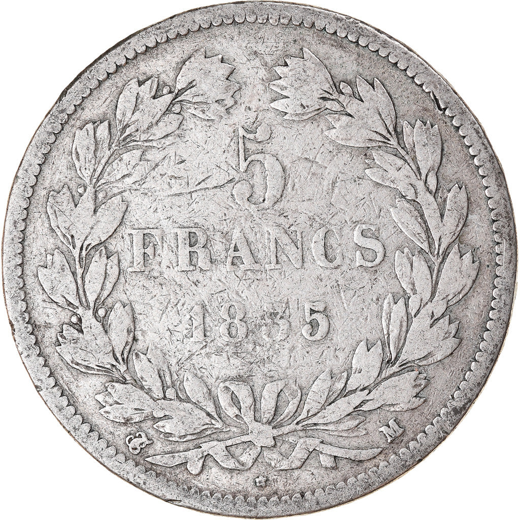 Moneda, Francia, Louis-Philippe, 5 Francs, 1835, Toulouse, BC+, Plata, KM:749.9