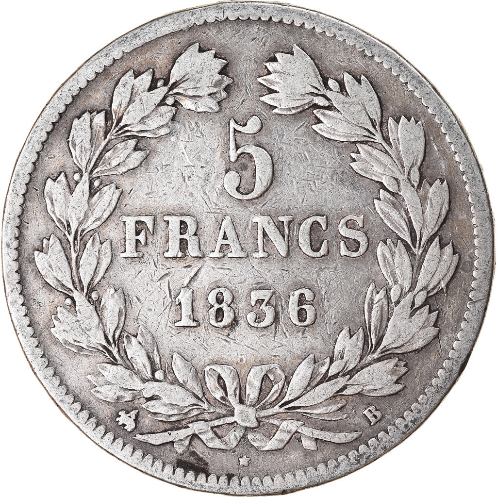 Coin, France, Louis-Philippe, 5 Francs, 1836, Rouen, VF(30-35), Silver