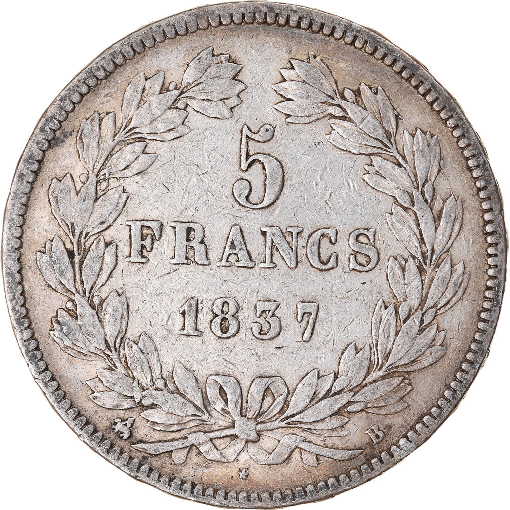 Coin, France, Louis-Philippe, 5 Francs, 1837, Rouen, VF(30-35), Silver