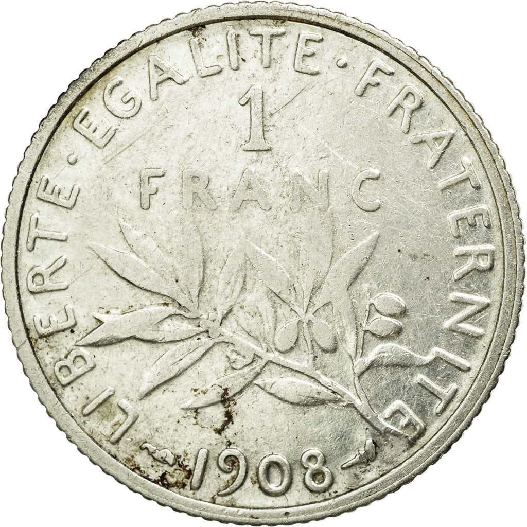 Coin, France, Semeuse, Franc, 1908, Paris, VF(30-35), Silver, KM:844.1