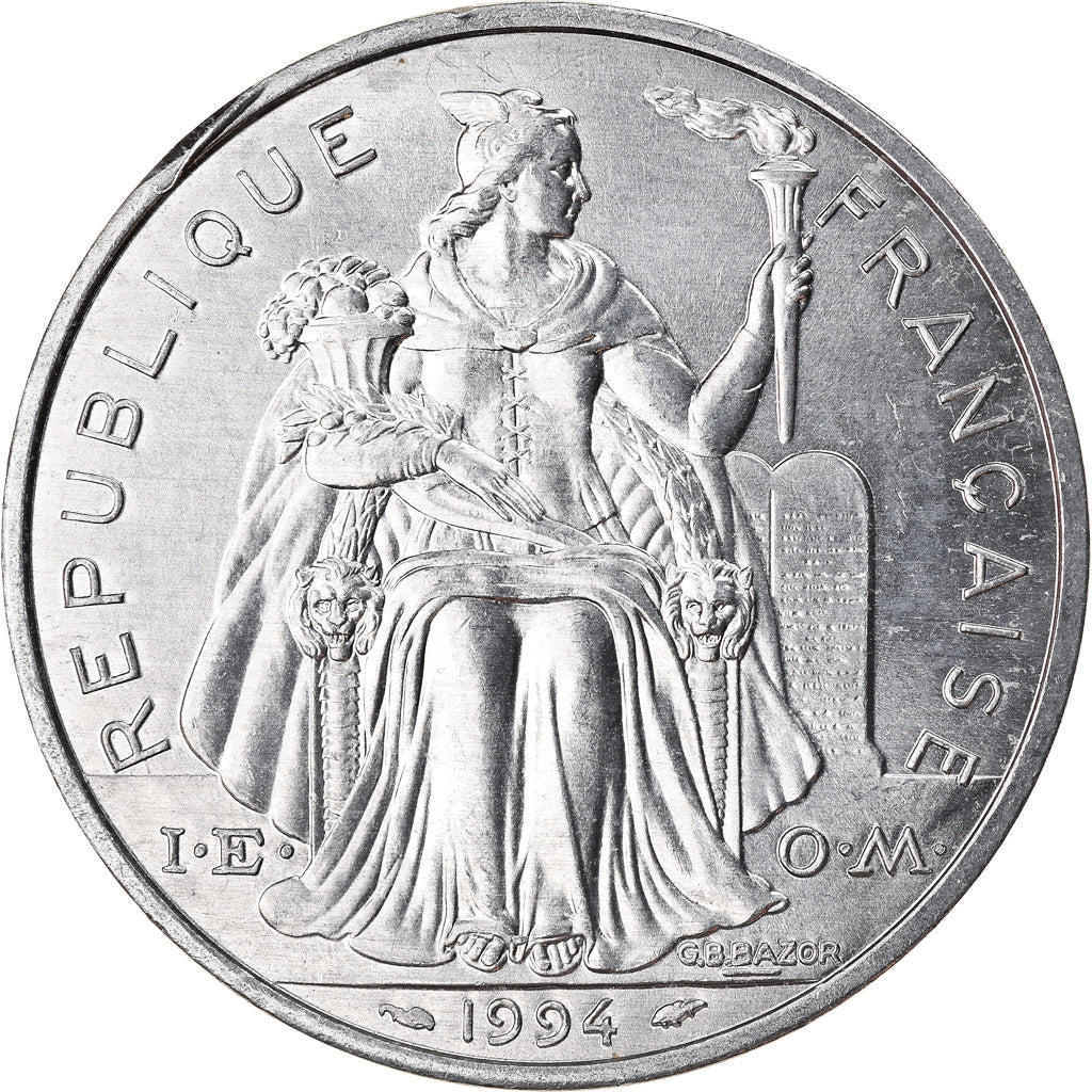 Moeda, Polinésia Francesa, 5 Francs, 1994, Paris, MS(63), Alumínio, KM:12