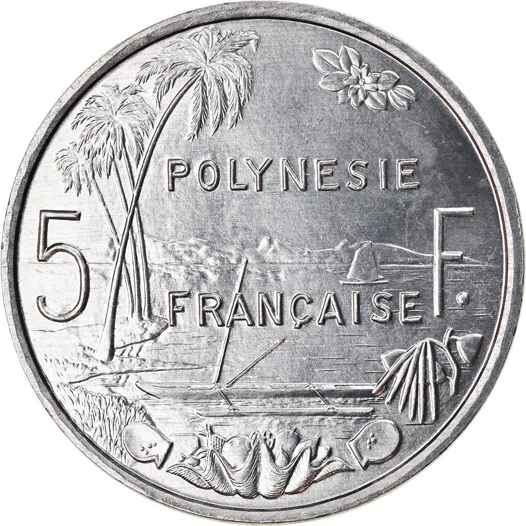 Moeda, Polinésia Francesa, 5 Francs, 1994, Paris, MS(63), Alumínio, KM:12