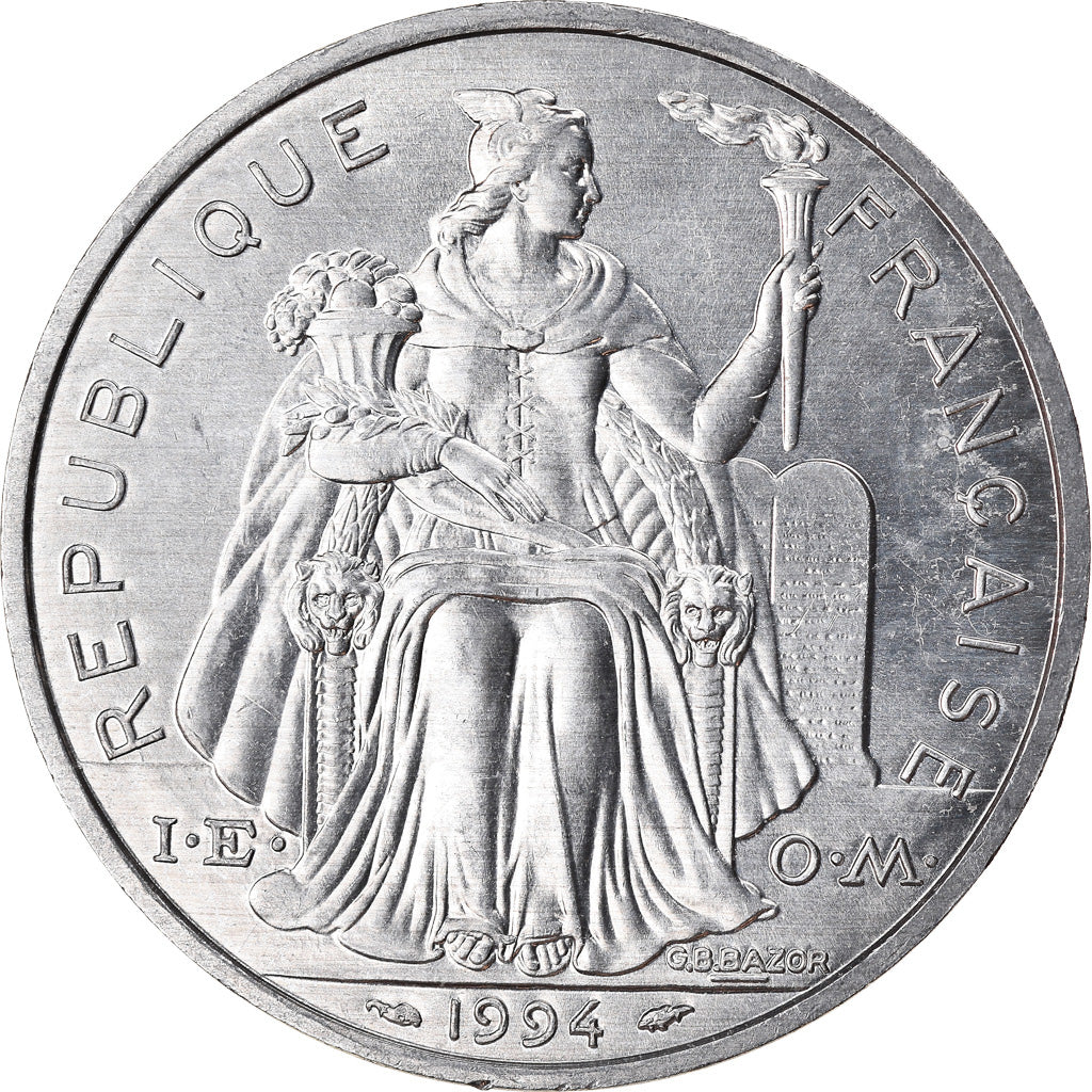 Moeda, Polinésia Francesa, 5 Francs, 1994, Paris, MS(63), Alumínio, KM:12