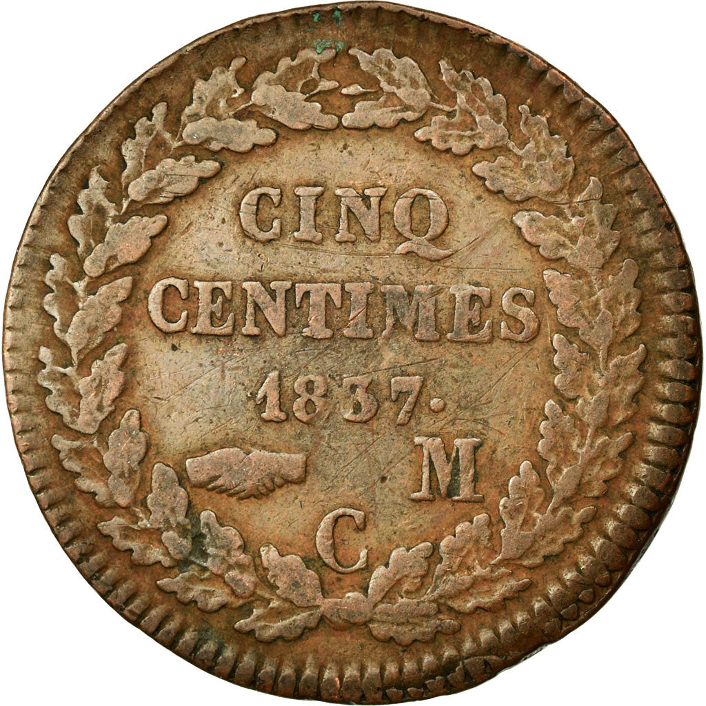 Moneta, Monaco, Honore V, 5 Centimes, Cinq, 1837, Monaco, MB, Rame, KM:95.2a