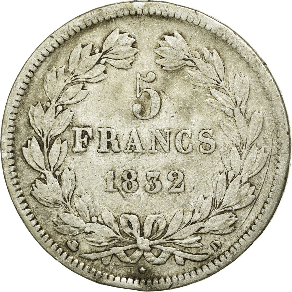Moneda, Francia, Louis-Philippe, 5 Francs, 1832, Lyon, BC+, Plata, KM:749.4