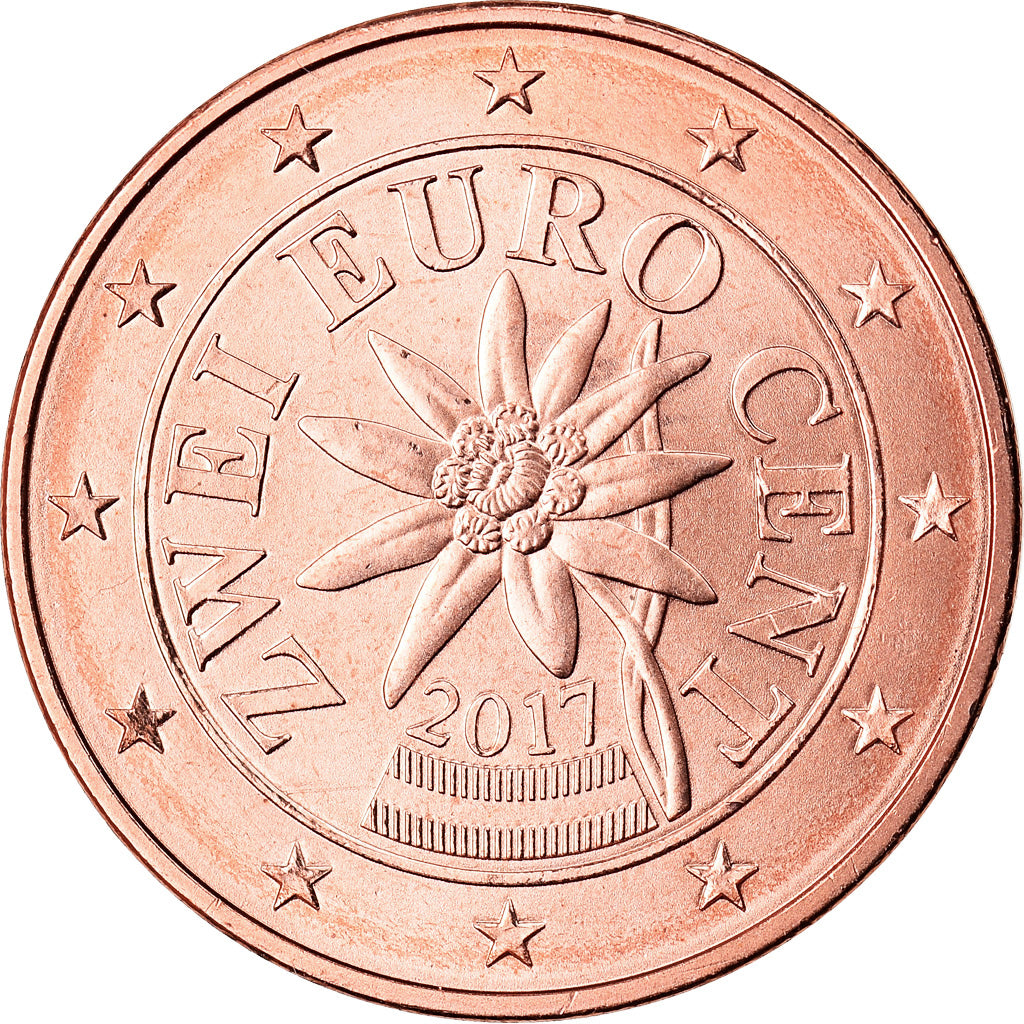 Áustria, 2 Euro Cent, 2017, MS(63), Aço Cromado a Cobre