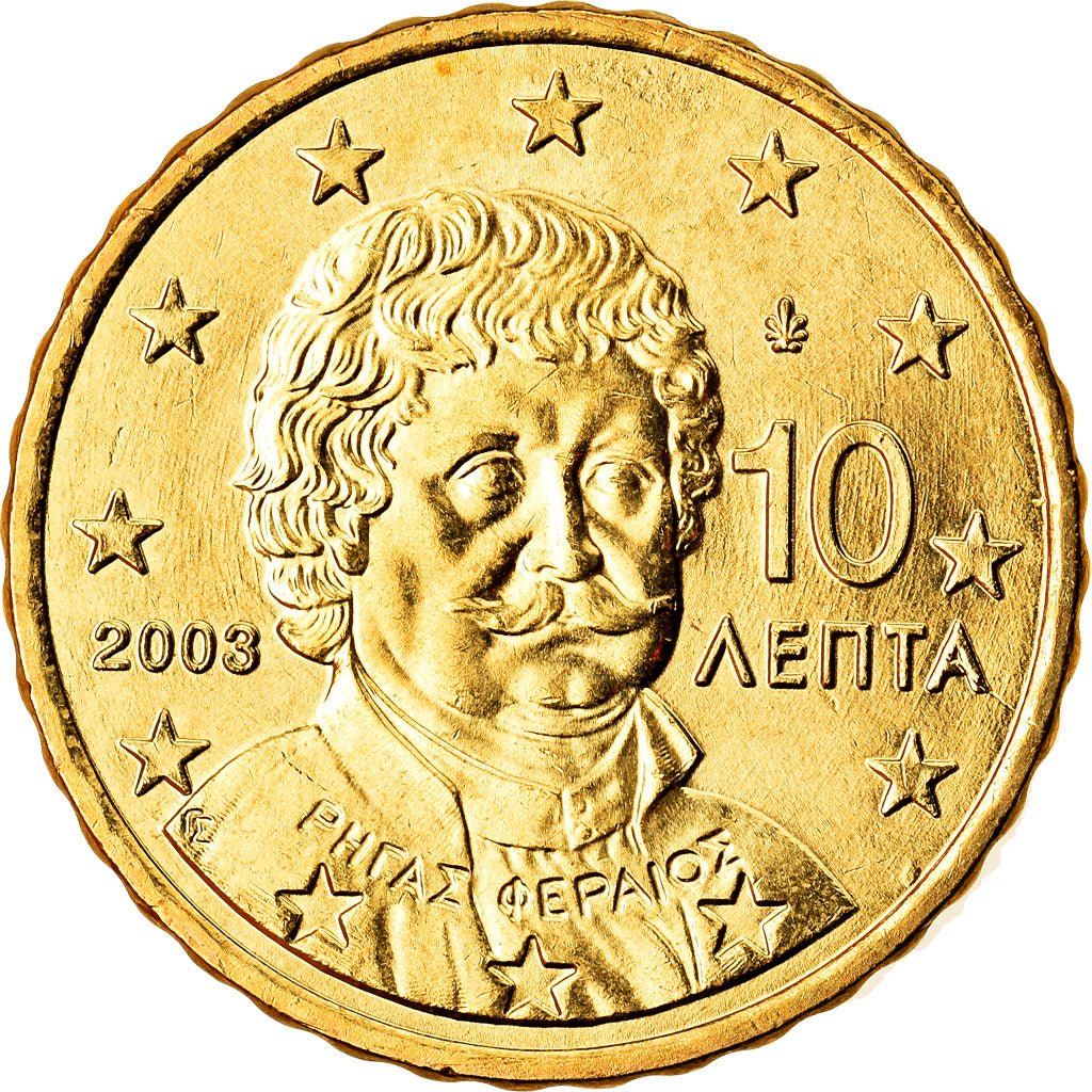 Grécia, 10 Euro Cent, 2003, MS(63), Latão, KM:184