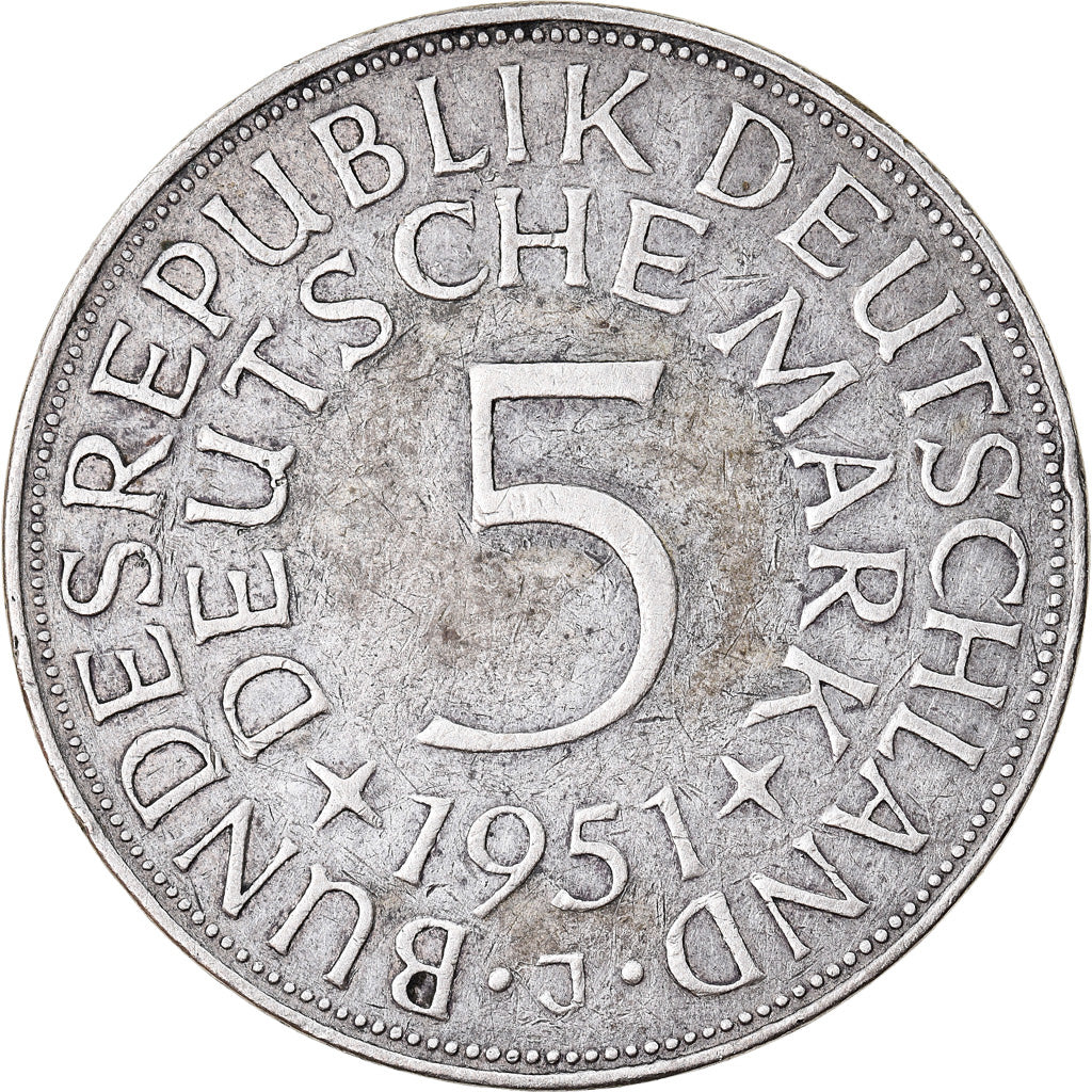 Moeda, ALEMANHA - REPÚBLICA FEDERAL, 5 Mark, 1951, Hamburg, EF(40-45), Prata