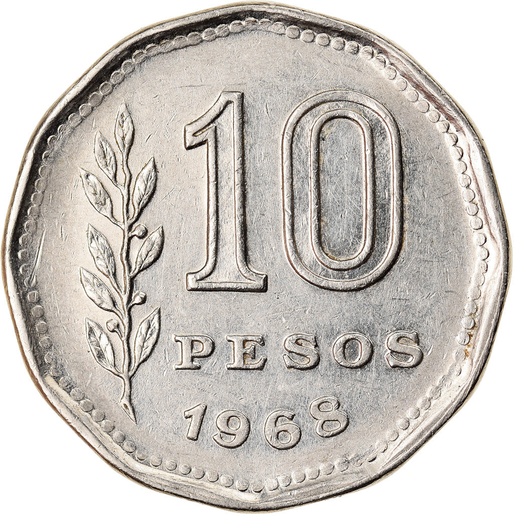 Moeda, Argentina, 10 Pesos, 1968, EF(40-45), Aço Revestido a Níquel, KM:60
