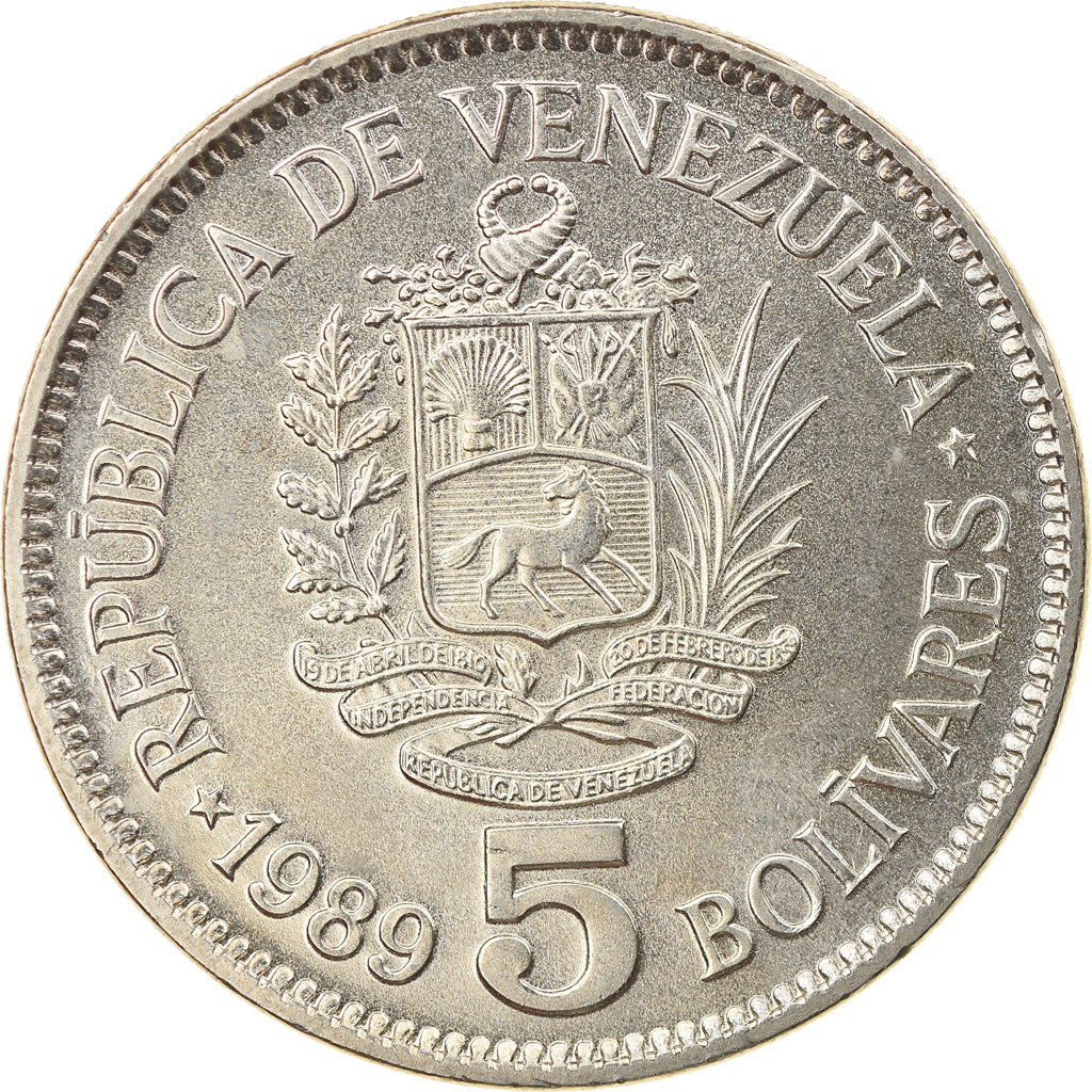 Moneta, Venezuela, 5 Bolivares, 1989, Werdohl, SPL, Acciaio ricoperto in nichel