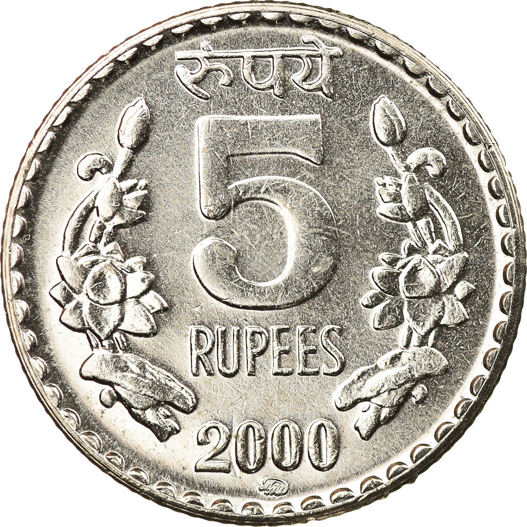 Munten, INDIAASE REPUBLIEK, 5 Rupees, 2000, UNC-, Copper-nickel, KM:154.1