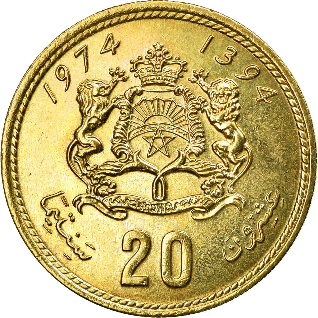 Moneda, Marruecos, al-Hassan II, 20 Santimat, 1974, MBC+, Aluminio - bronce