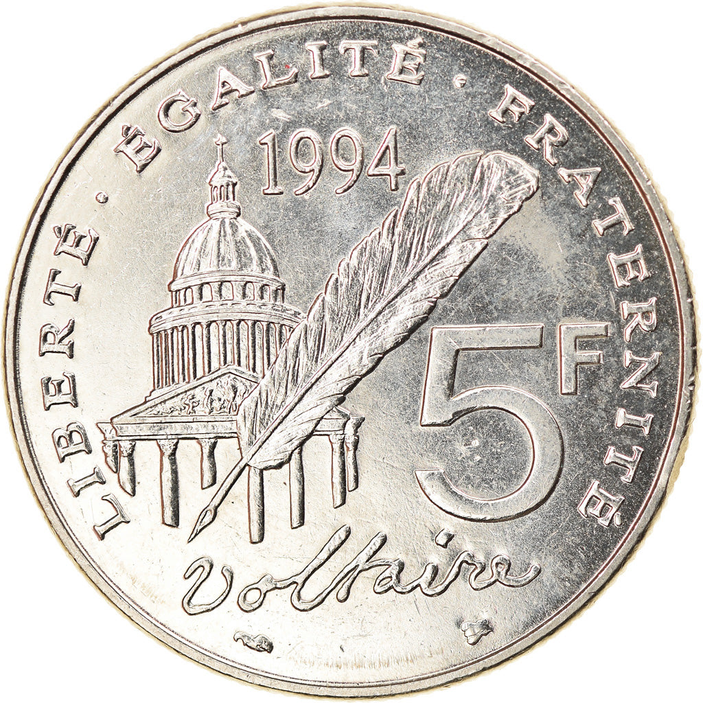 Moneda, Francia, Voltaire, 5 Francs, 1994, Paris, MBC+, Níquel, KM:1063