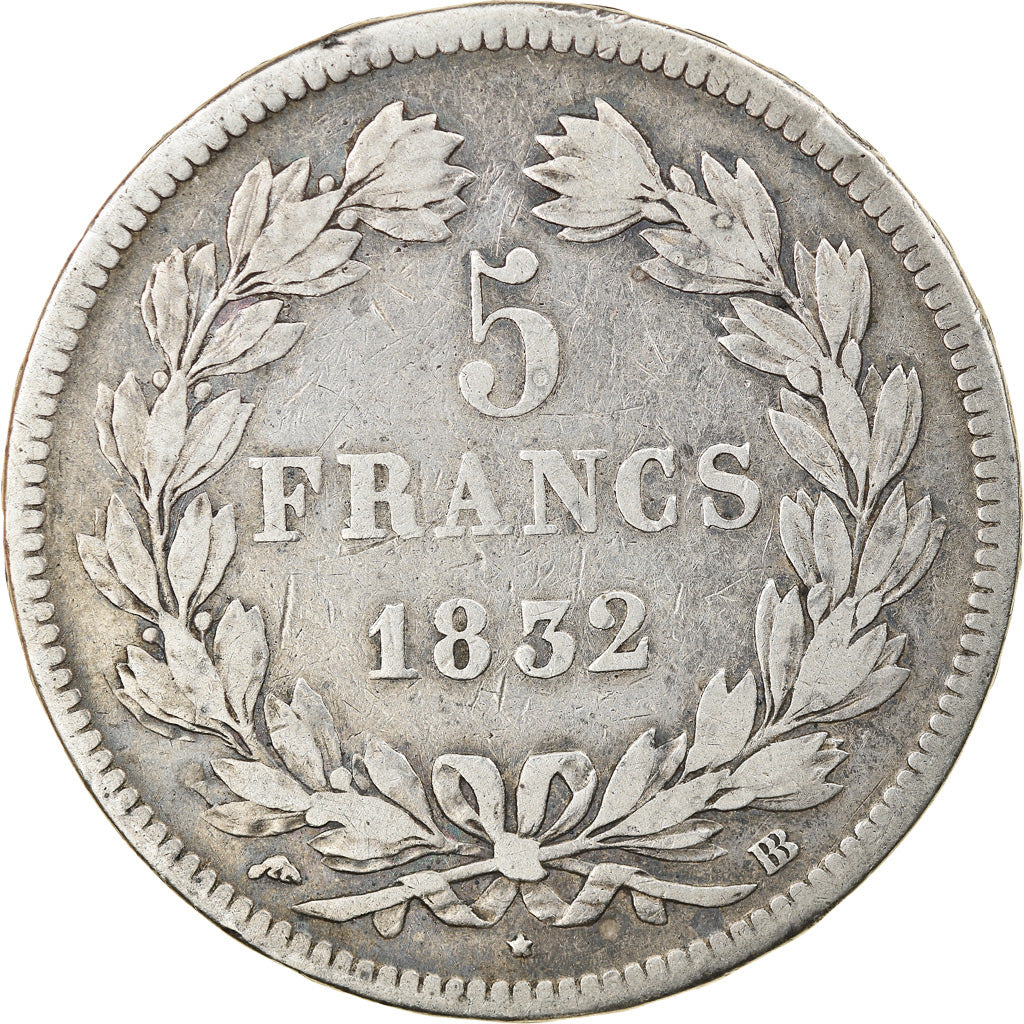 Moneta, Francia, Louis-Philippe, 5 Francs, 1832, Strasbourg, MB+, Argento
