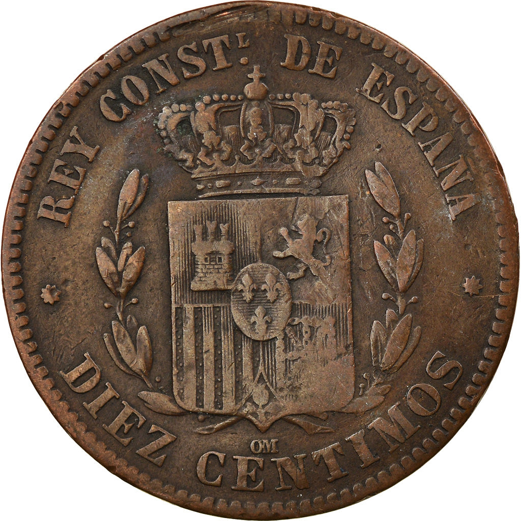 Coin, Spain, Alfonso XII, 10 Centimos, 1877, EF(40-45), Bronze, KM:675