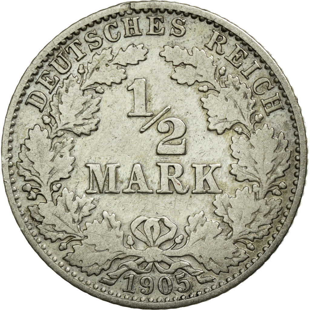 Coin, GERMANY - EMPIRE, 1/2 Mark, 1905, Karlsruhe, EF(40-45), Silver, KM:17
