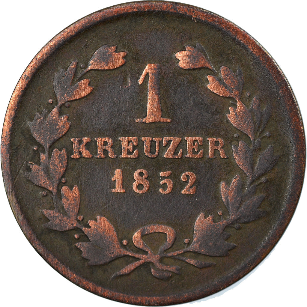 Moneta, Stati tedeschi, BADEN, Leopold I, Kreuzer, 1852, MB, Rame, KM:218.2