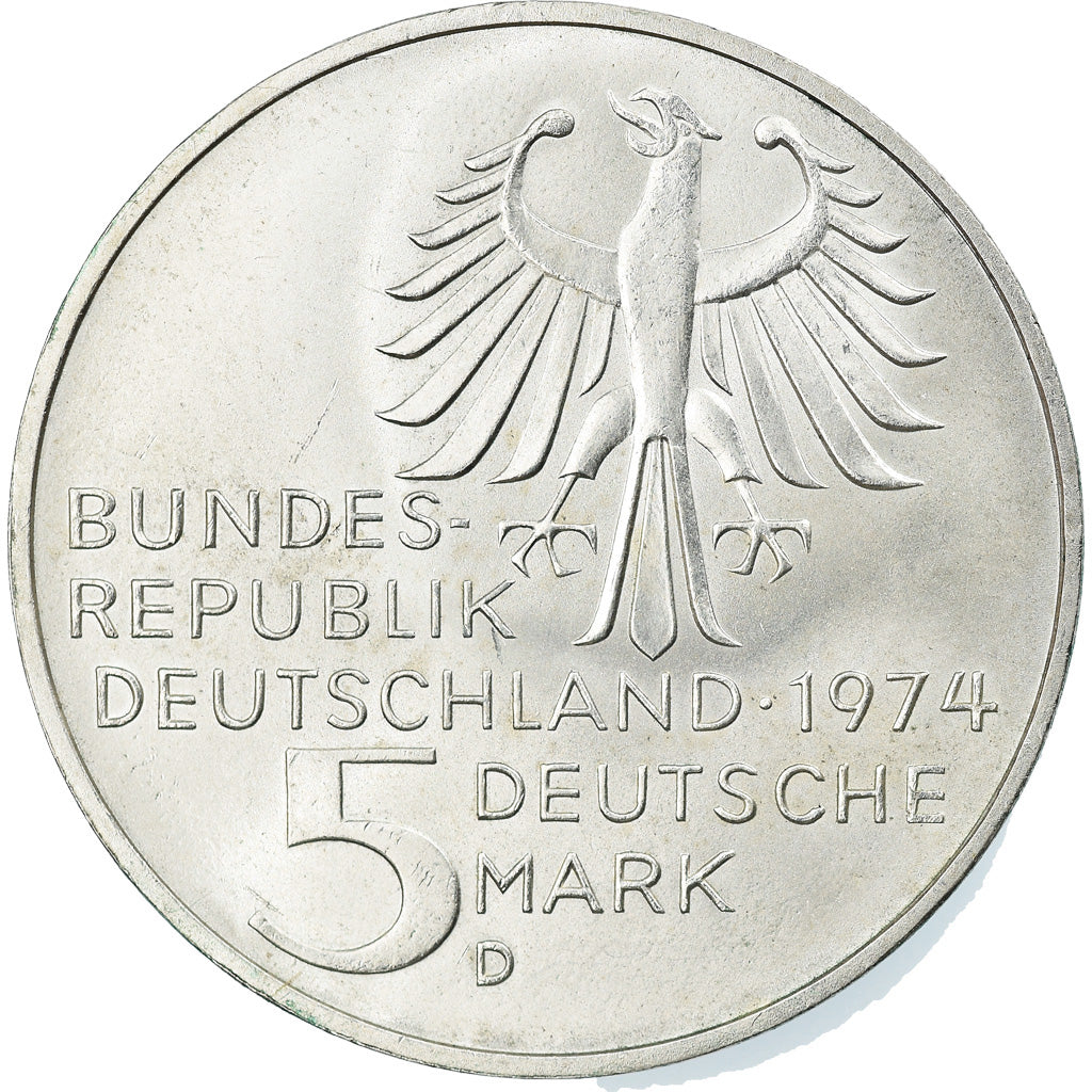 Moeda, ALEMANHA - REPÚBLICA FEDERAL, 5 Mark, 1974, Munich, Germany, BE