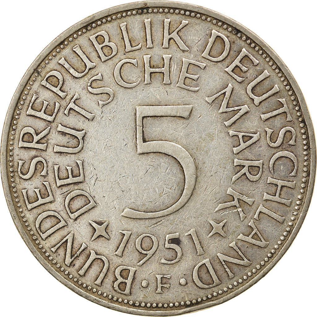 Coin, GERMANY - FEDERAL REPUBLIC, 5 Mark, 1951, Stuttgart, EF(40-45), Silver