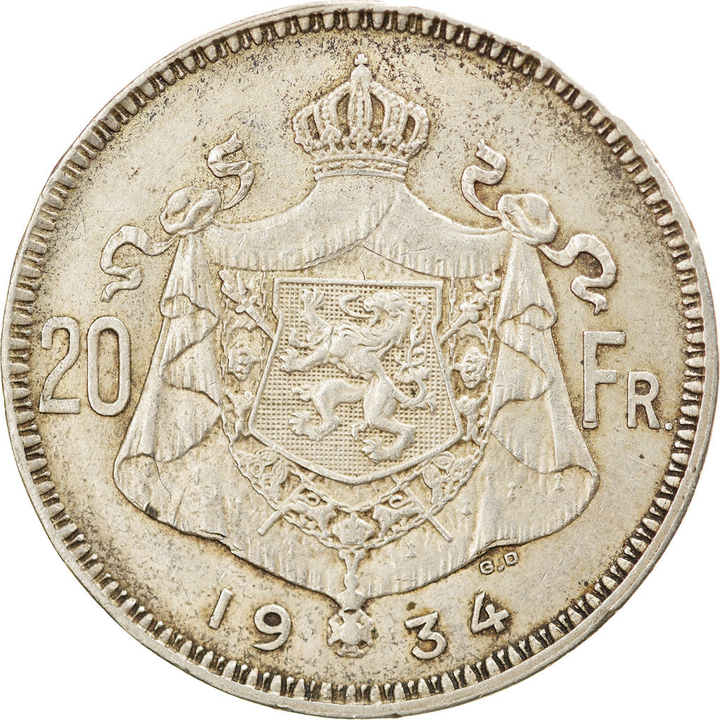 Moneda, Bélgica, 20 Francs, 20 Frank, 1934, MBC, Plata, KM:104.1