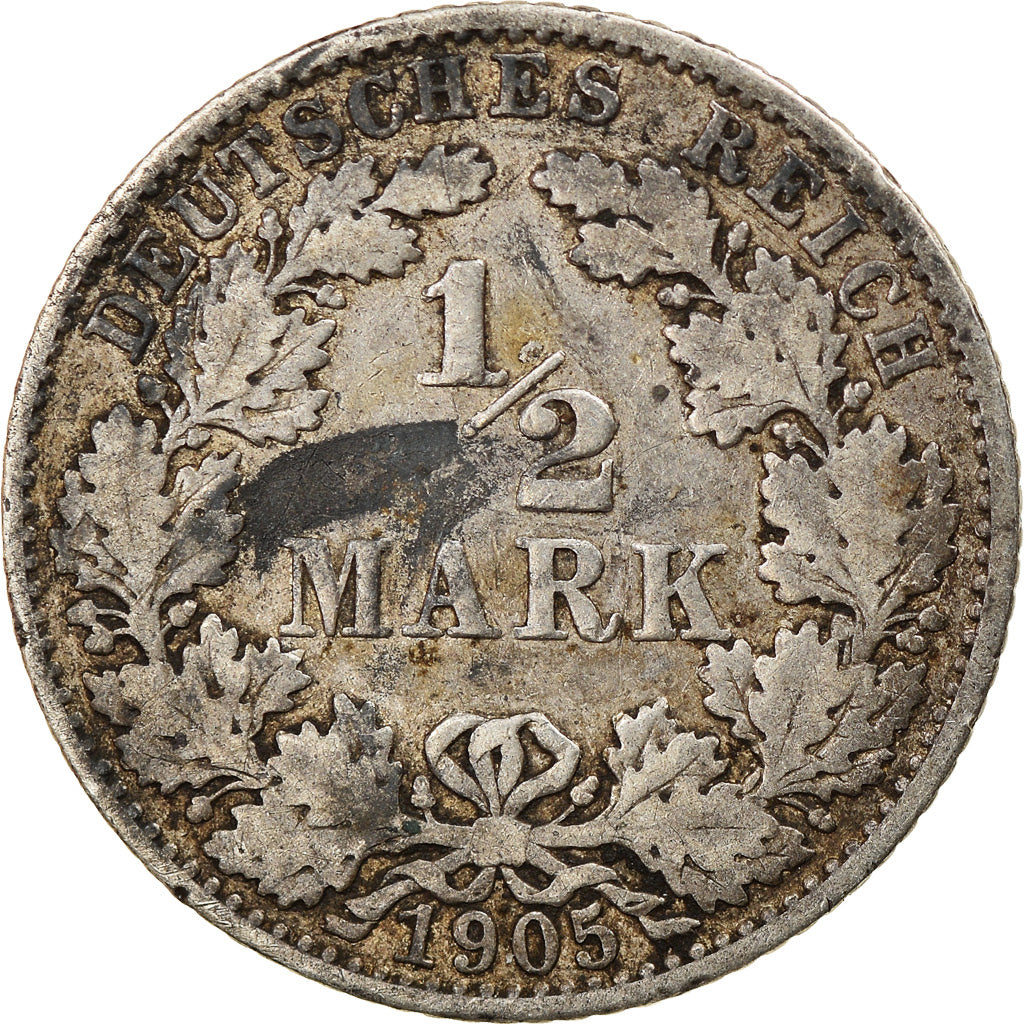 Moneda, ALEMANIA - IMPERIO, 1/2 Mark, 1905, Muldenhütten, BC, Plata, KM:17