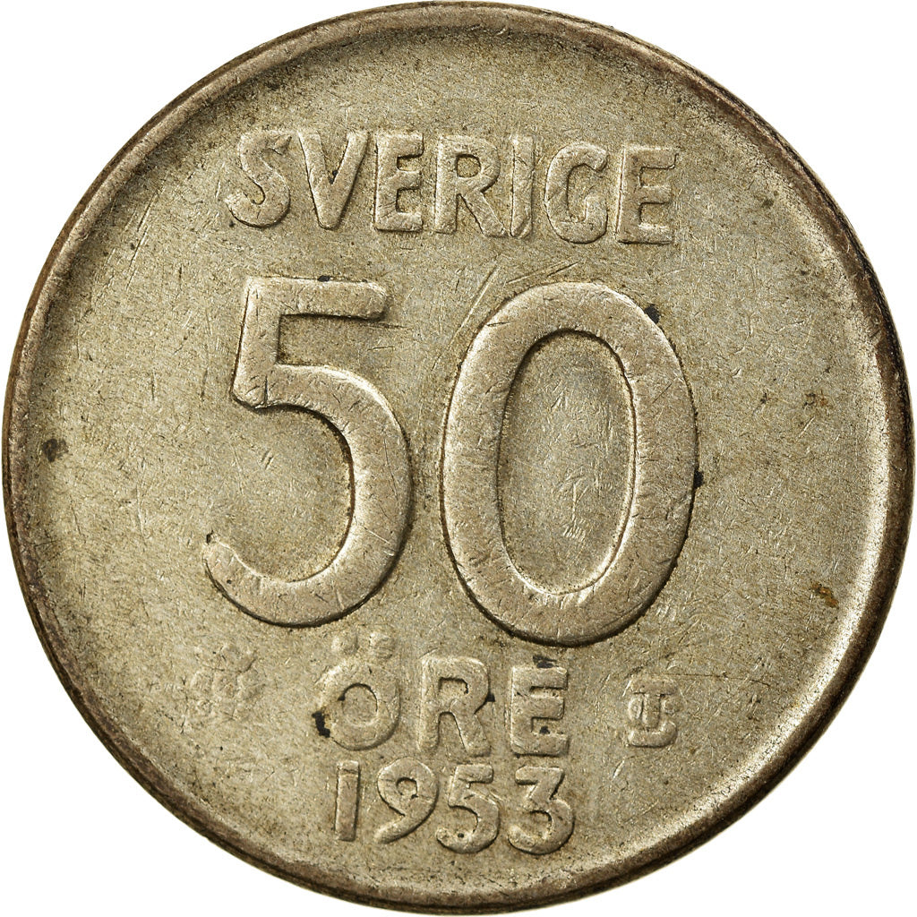 Moneta, Szwecja, Gustaf VI, 50 Öre, 1953, EF(40-45), Srebro, KM:825