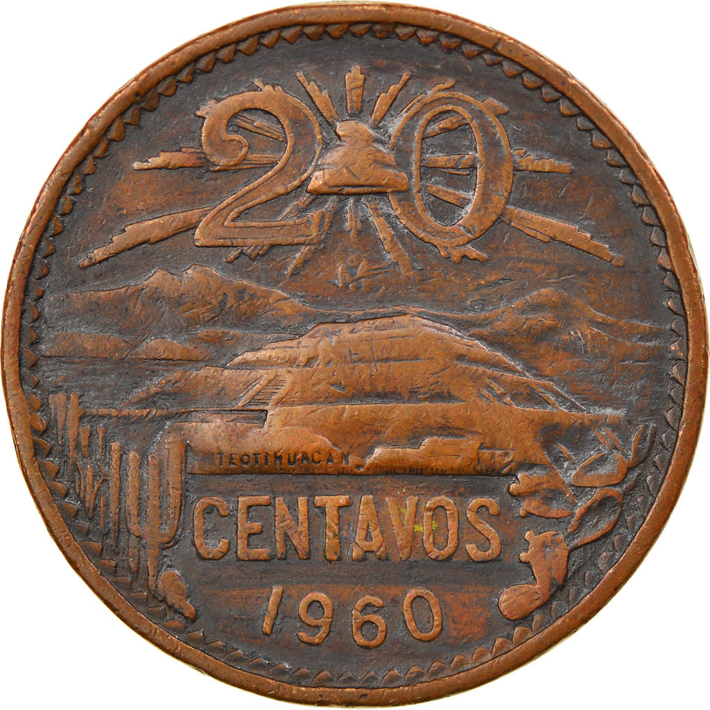 Coin, Mexico, 20 Centavos, 1960, Mexico City, AU(50-53), Bronze, KM:440
