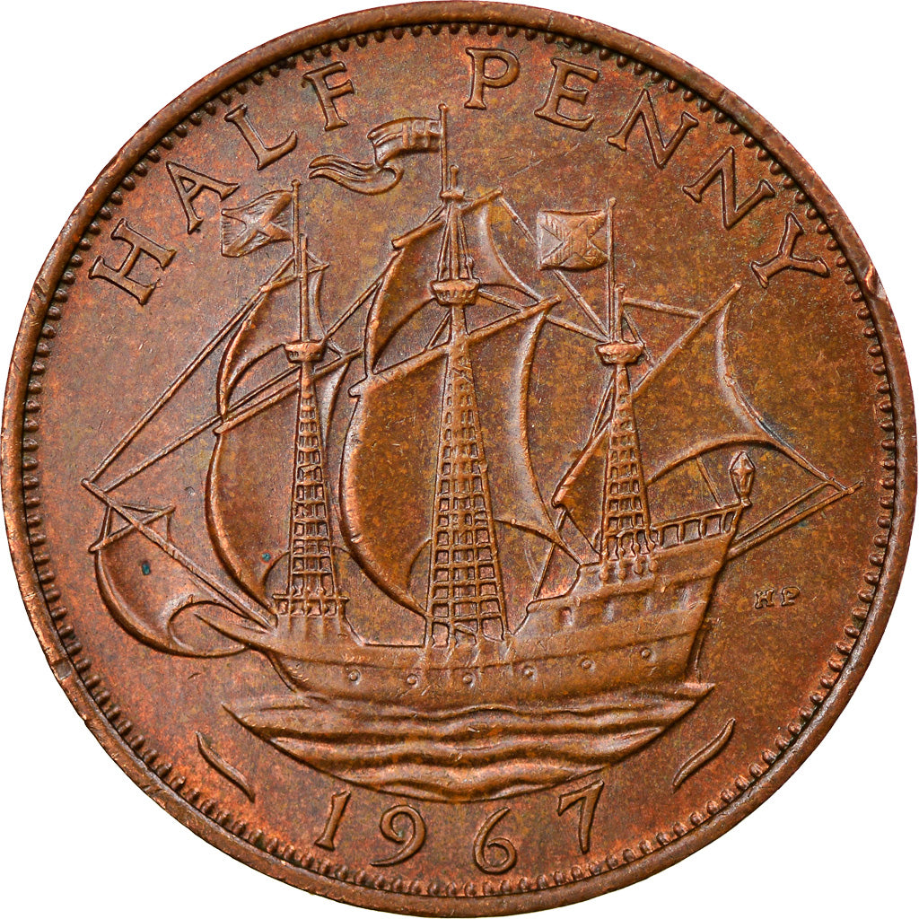 Moneda, Gran Bretaña, Elizabeth II, 1/2 Penny, 1967, MBC+, Bronce, KM:896