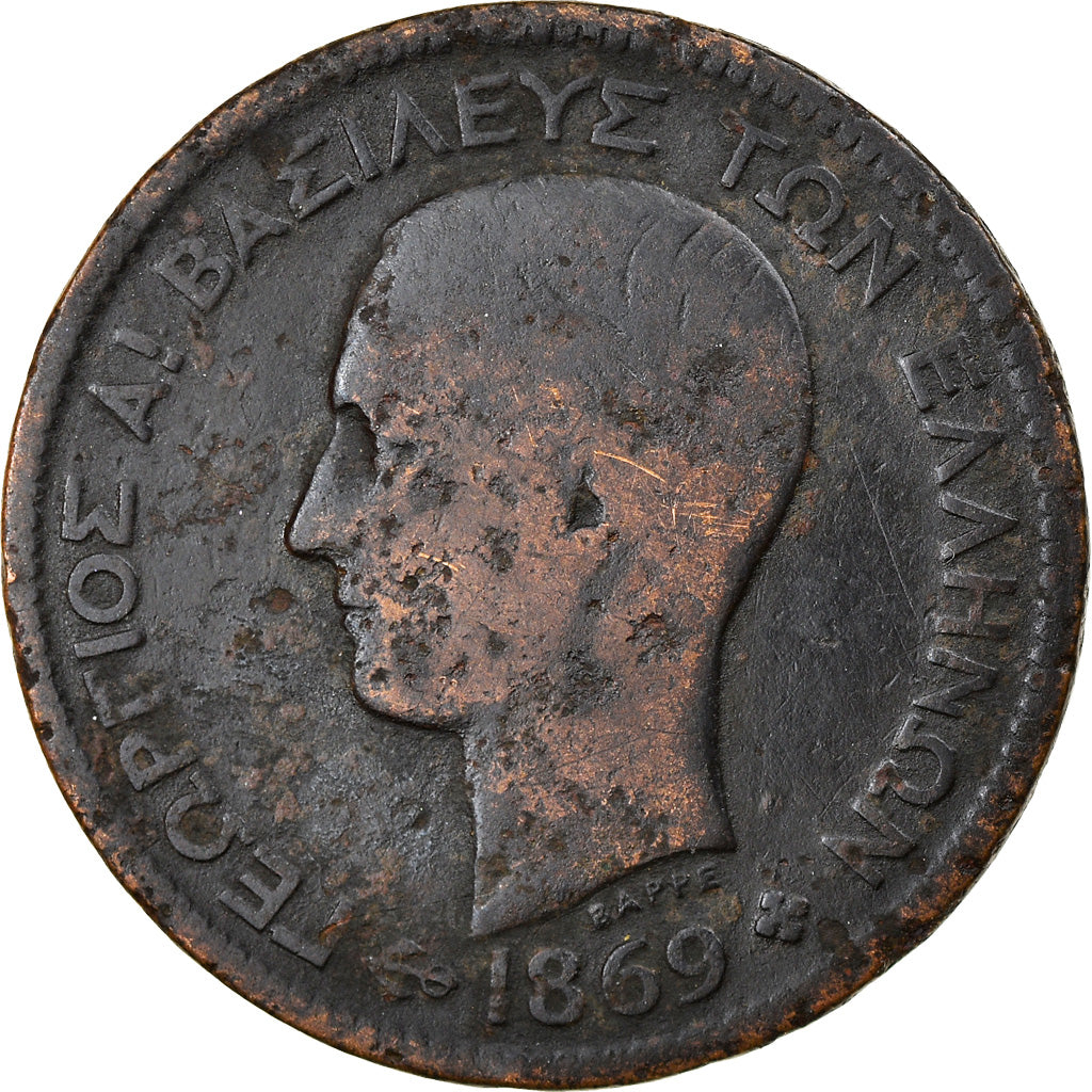 Moneda, Grecia, George I, 5 Lepta, 1869, Strassburg, BC+, Cobre, KM:42
