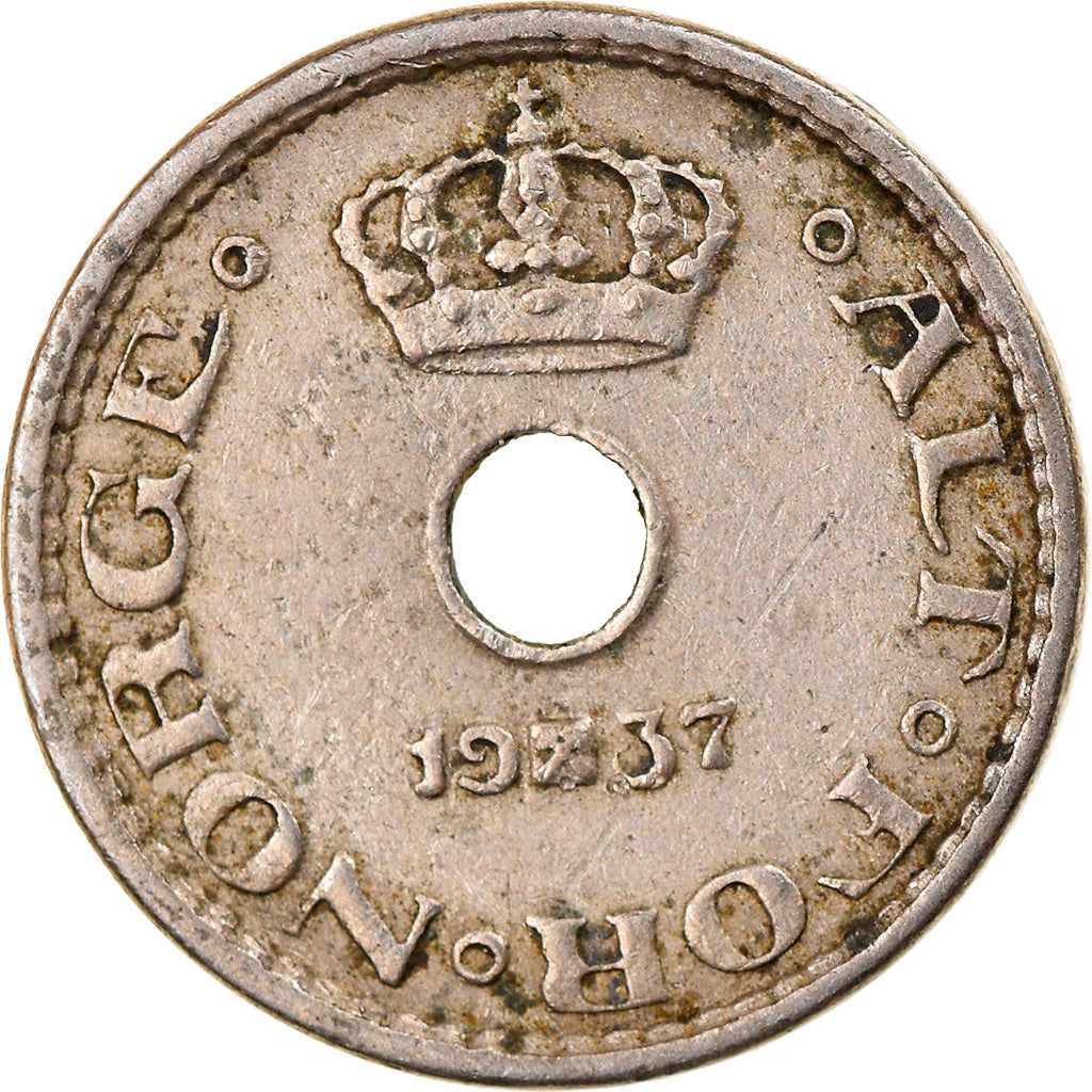 Coin, Norway, Haakon VII, 10 Öre, 1937, EF(40-45), Copper-nickel, KM:383